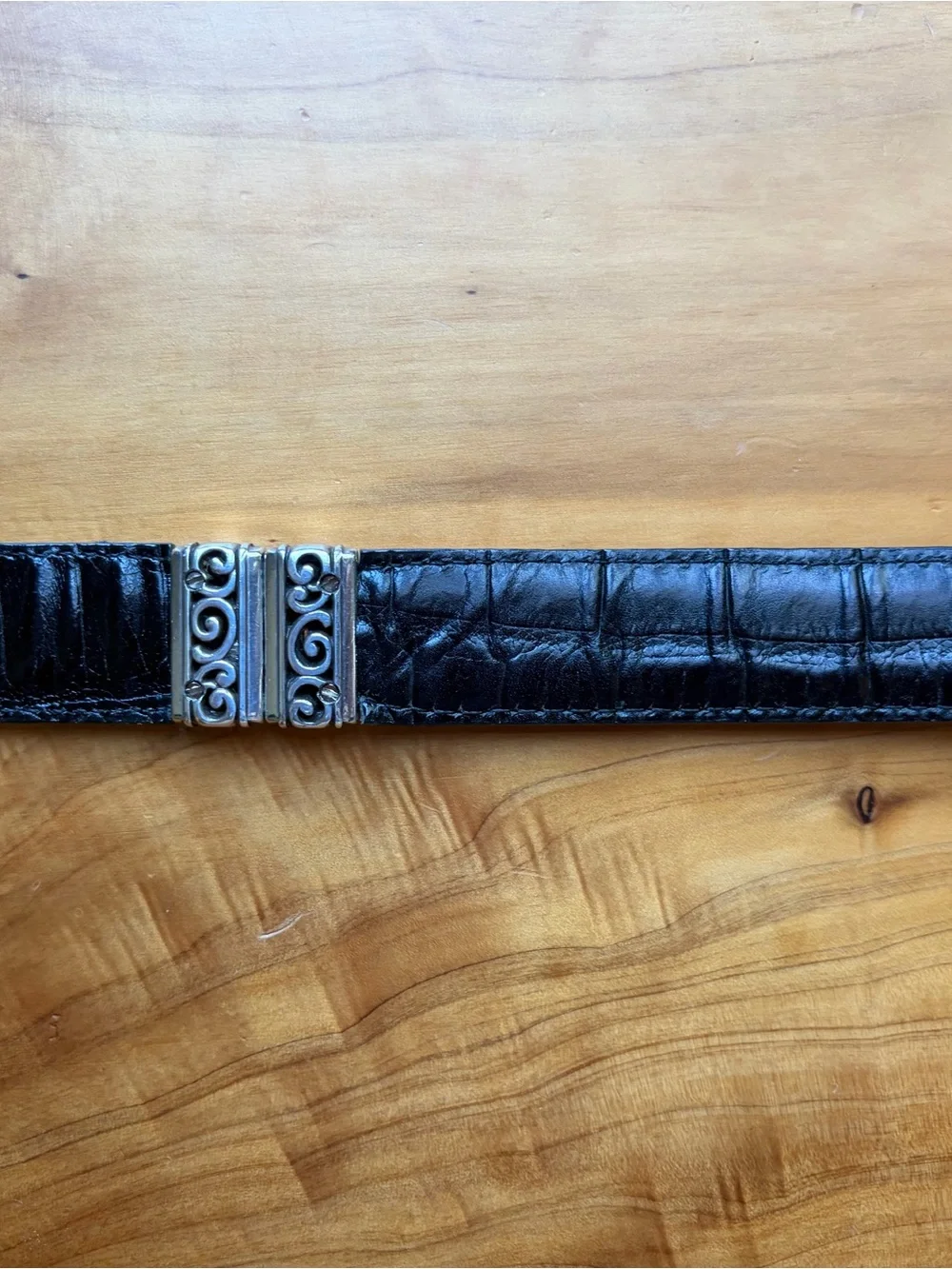 Brighton Red Croc-Embossed Leather Belt with Ornate Silver Buckle